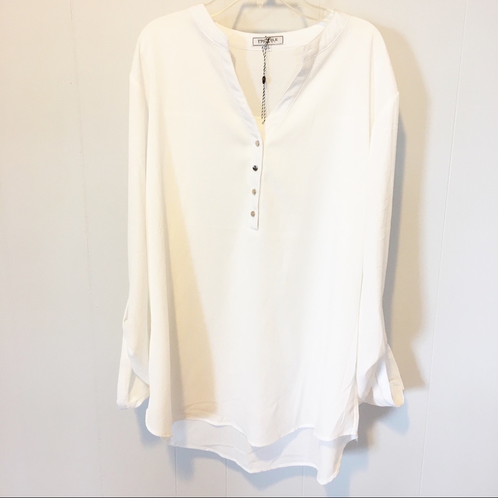 Profile Apparel 2XL White V-Neck 4Button Down Top